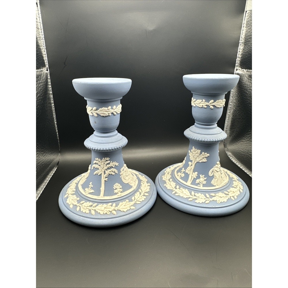 Pair of Wedgwood Blue Jasperware Candle Stick Holders (5") Made in England VH2